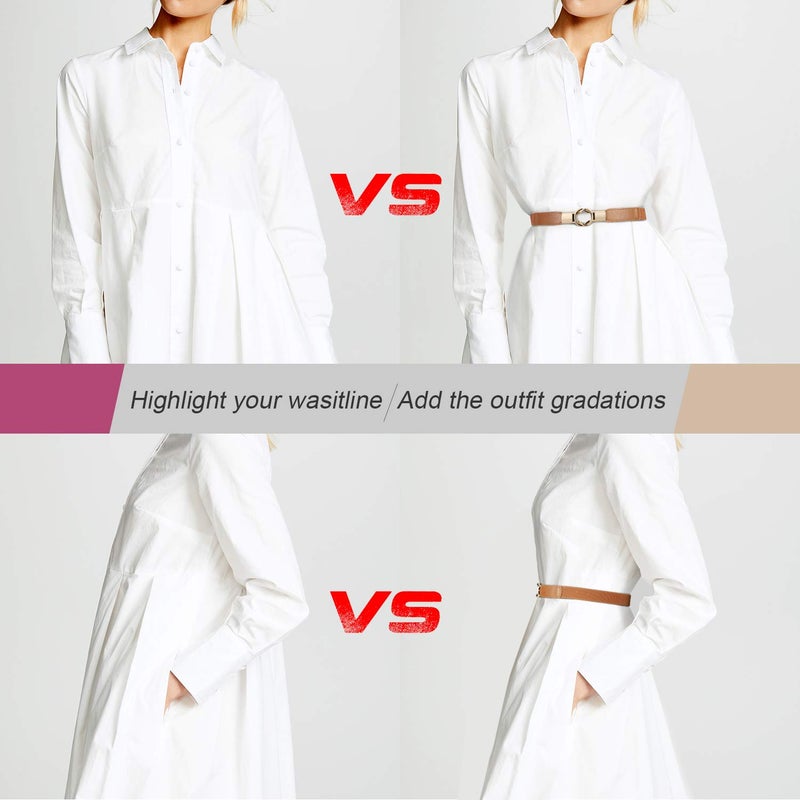 WERFORU Women Skinny Belt for Dresses Retro Stretch Waist Belt with Gold Buckle Set of 4,Black+Brown+Blue+Beige - Image 5